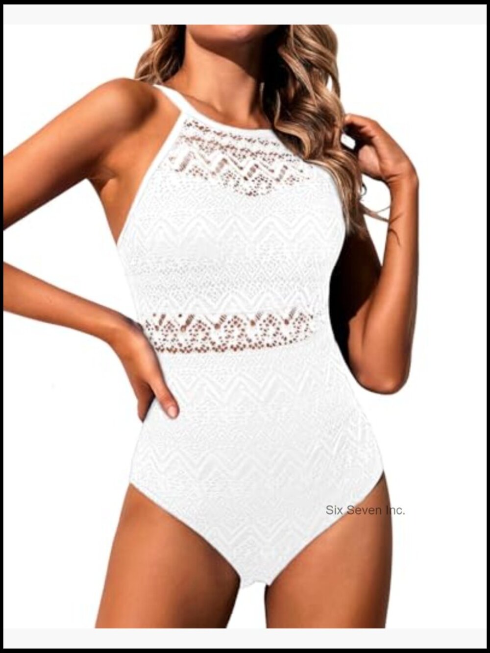 Crochet Tummy Control One Piece Swimsuit High Neck View 4